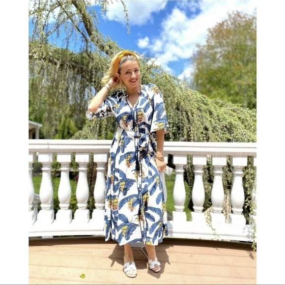 DESMOND & DEMPSEY H&M S Linen-Blend Kaftan Midi Belted Button Up Tropical Dress - Picture 10 of 16